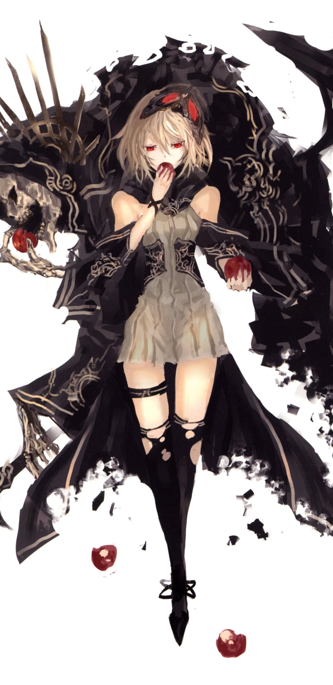 Anime original phone wallpaper: gothic blonde girl in a torn black dress holding a red apple, a shadowy skull-like cloak behind her; vertical image works on iPhone and Android.