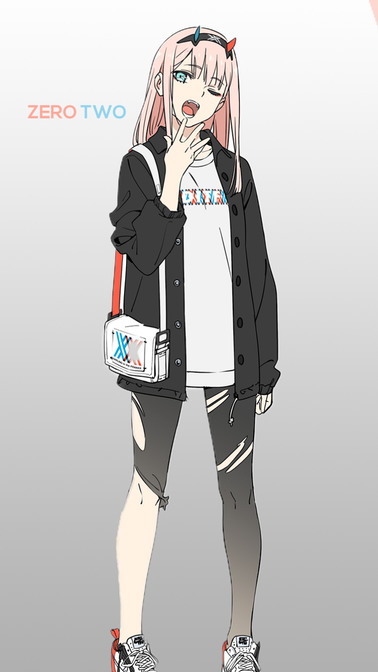 Phone wallpaper featuring Zero Two from Darling in the FranXX in casual attire, designed for both iPhone and Android devices with anime-style artwork.