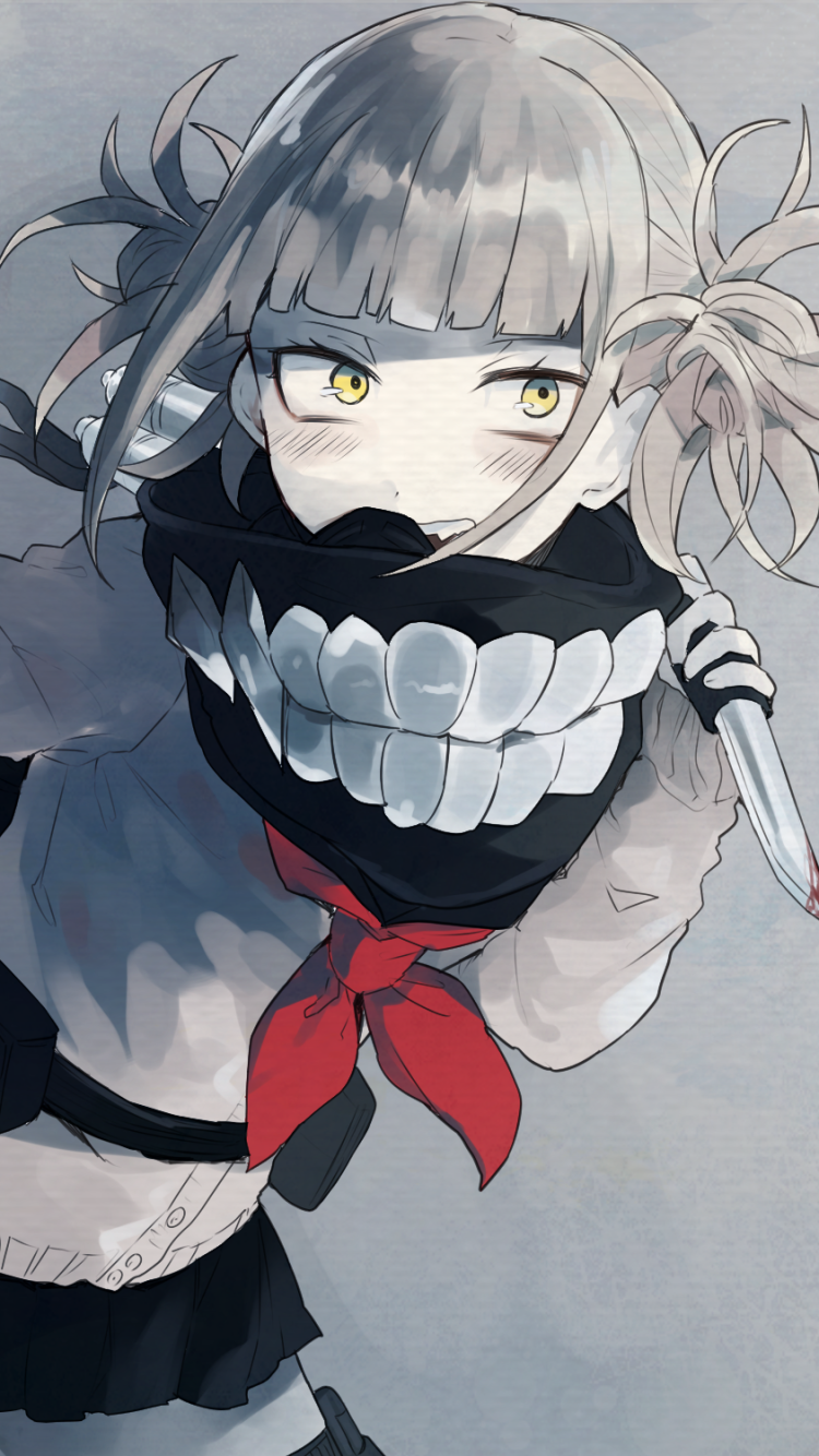 Himiko Toga (My Hero Academia) phone wallpaper — anime portrait of her with pale twin pigtails, yellow eyes, oversized toothy scarf, red sailor tie and a knife.