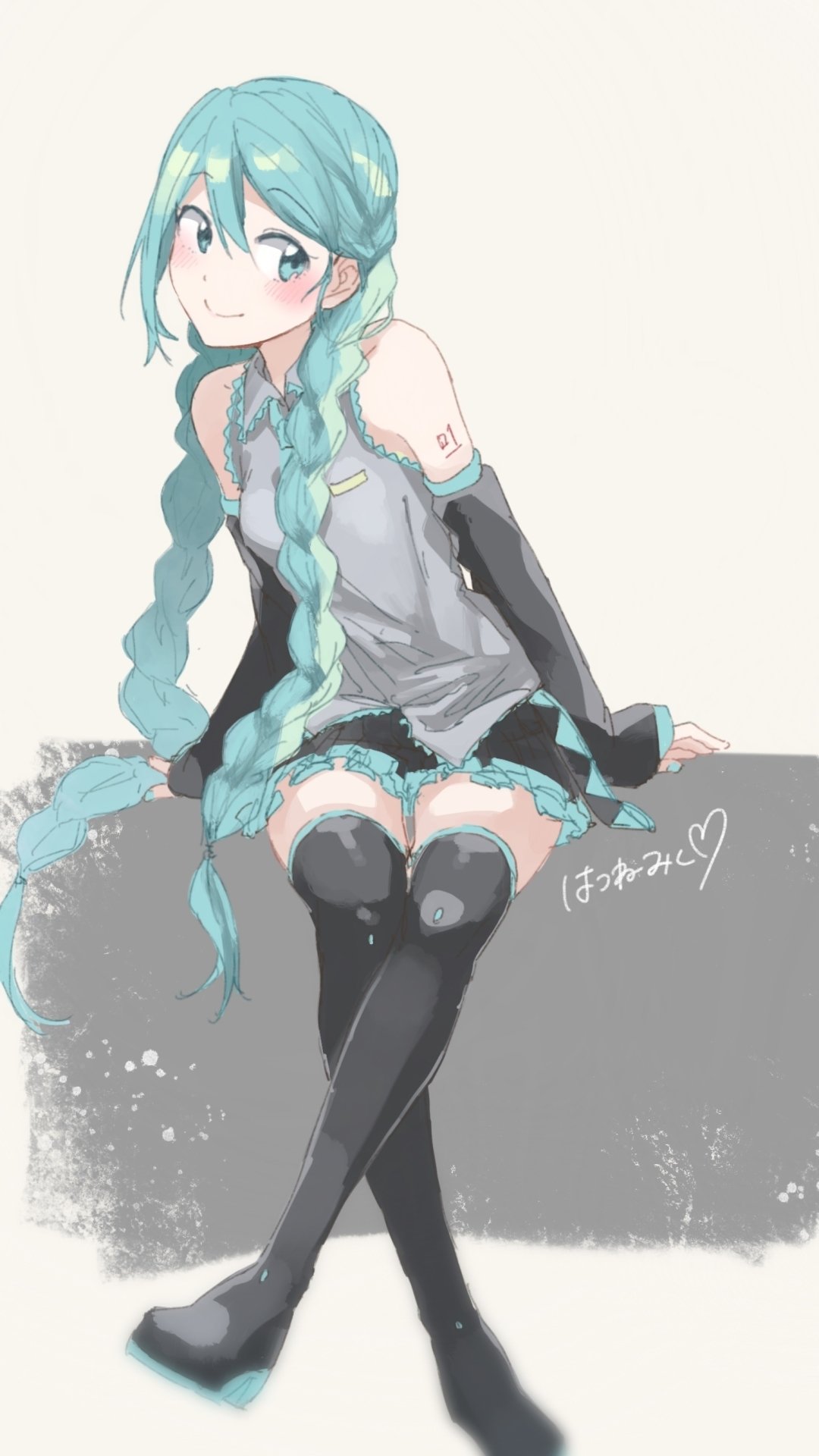 Phone wallpaper featuring Hatsune Miku from Vocaloid in anime style, with her signature teal twin braids, gray outfit, and thigh-high black stockings.