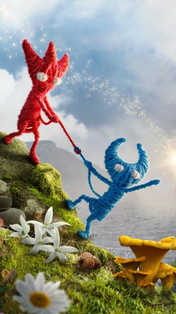 Phone wallpaper showing two Yarny characters from the Unravel video game Unravel Two: red Yarny pulling blue Yarny up a mossy hill dotted with flowers.