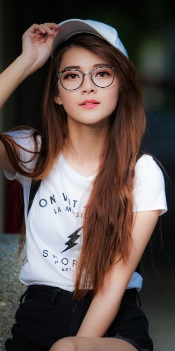 cap glasses brunette long hair model woman asian Phone Wallpaper