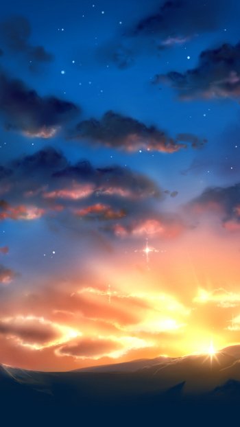 Original anime landscape phone wallpaper showing a glowing sunrise over silhouetted mountains, warm golden clouds and a star-speckled twilight sky.