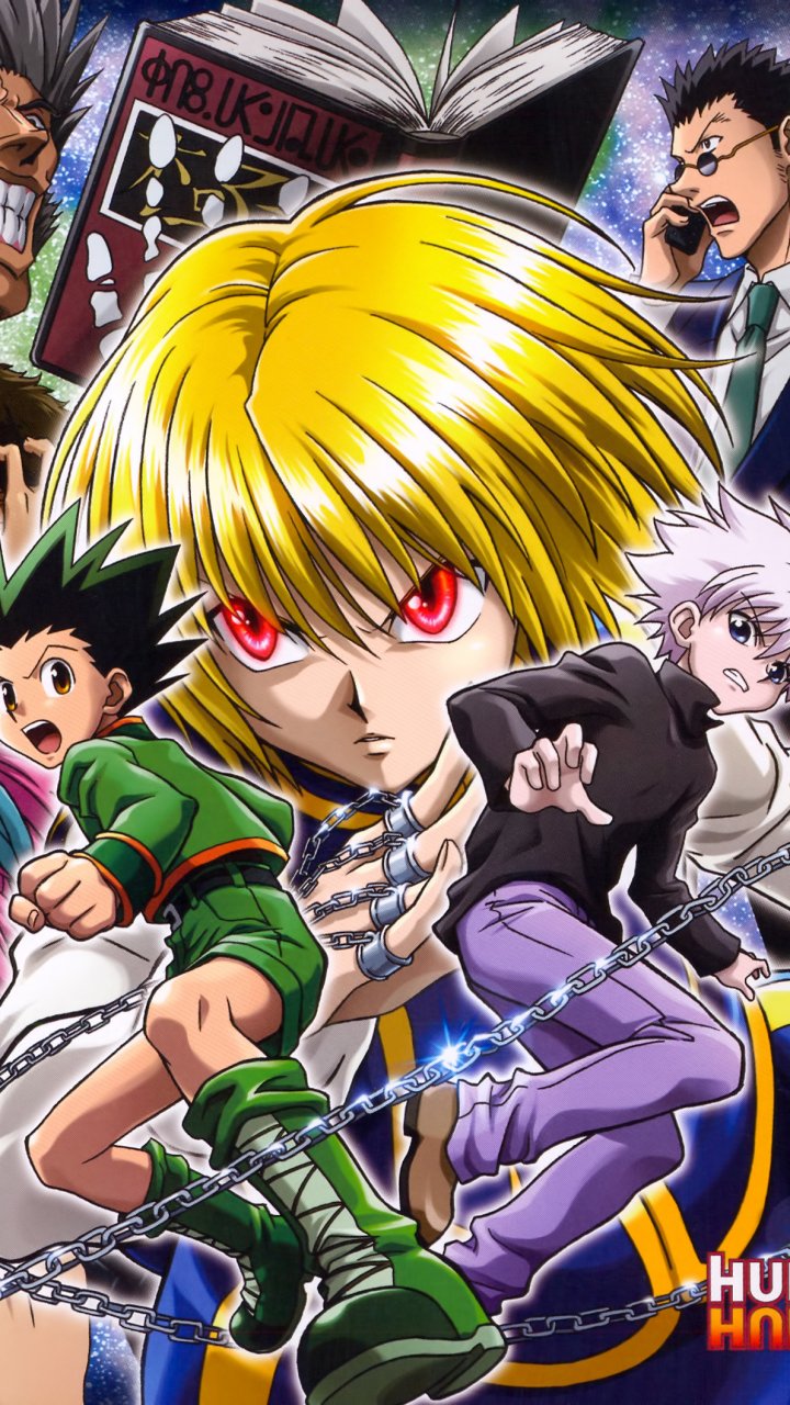 Phone wallpaper featuring vibrant Hunter x Hunter anime characters in action, designed for both iPhone and Android screens.