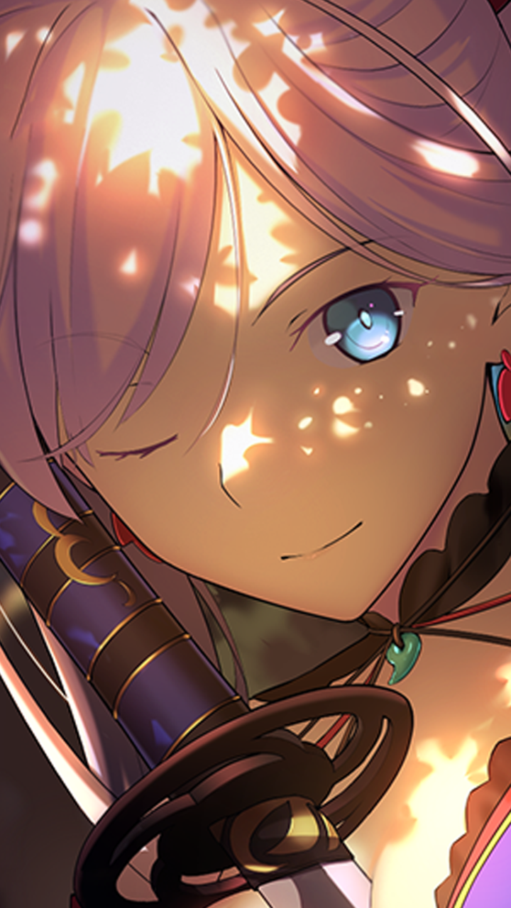 Close-up anime portrait of a Fate/Grand Order character winking, her blue eye gleaming as warm sunlight dapples her face and sword hilt — vertical phone wallpaper.