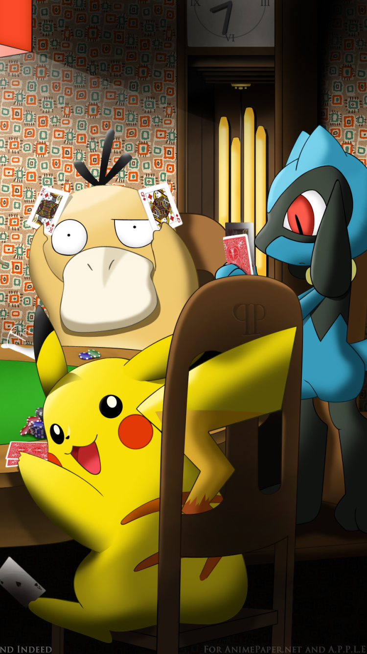 Phone wallpaper featuring Anime-style Pokemon Psyduck, Pikachu, and Riolu playing cards around a table with warm indoor lighting, designed for both iPhones and Android devices.