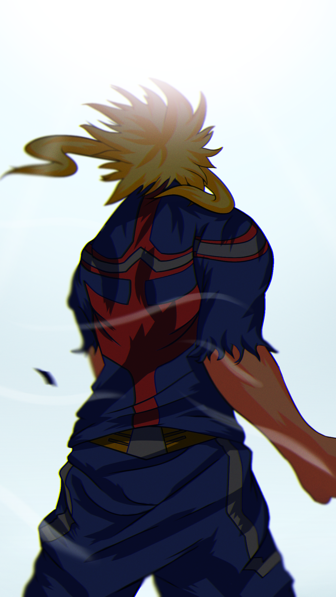 Phone wallpaper featuring All Might from My Hero Academia, showcasing his powerful silhouette with strong lighting, designed for use on iPhones and Android devices.