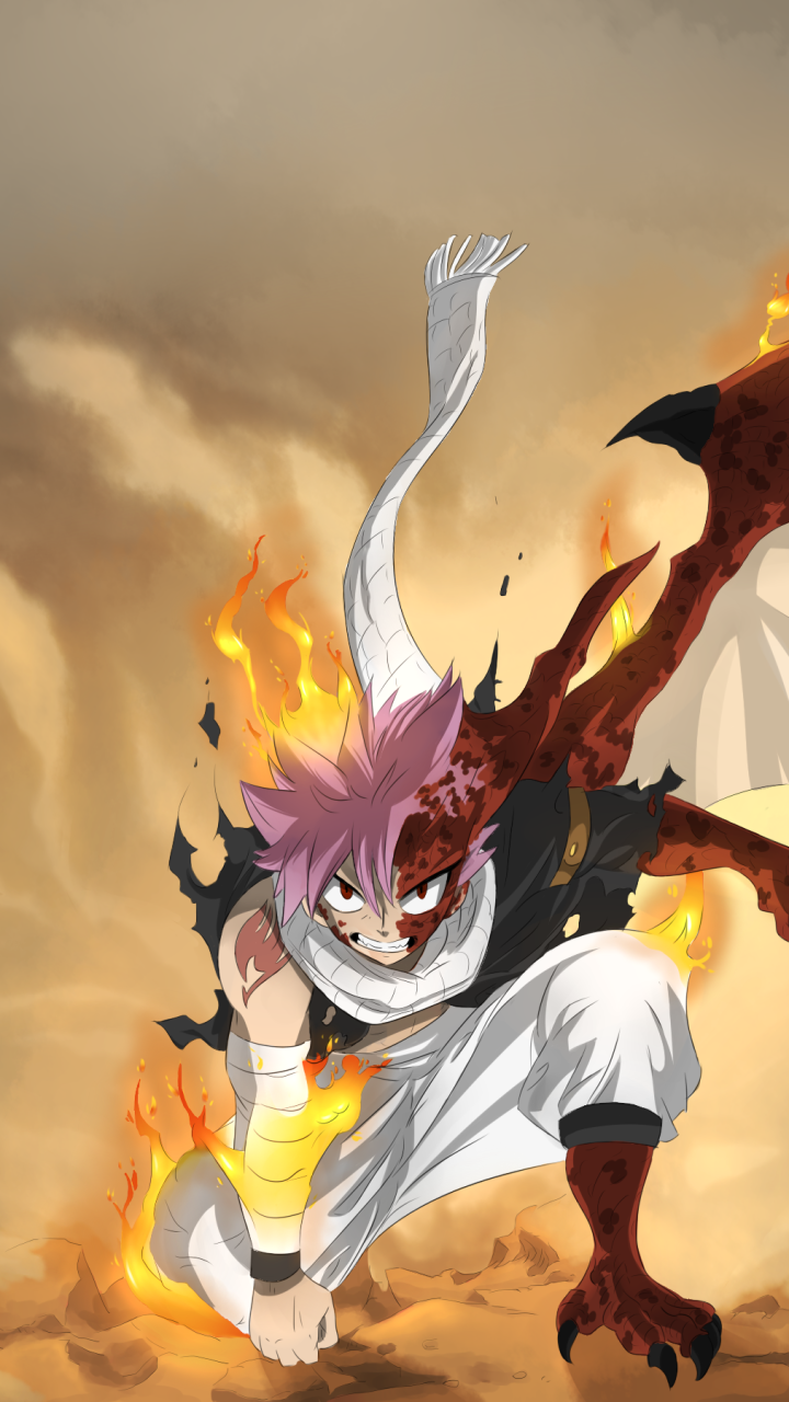Phone wallpaper of Natsu Dragneel (Anime, Fairy Tail): crouched in a fierce, flame-lit pose, half-covered in dark burn-like markings as fire and smoke swirl around him.