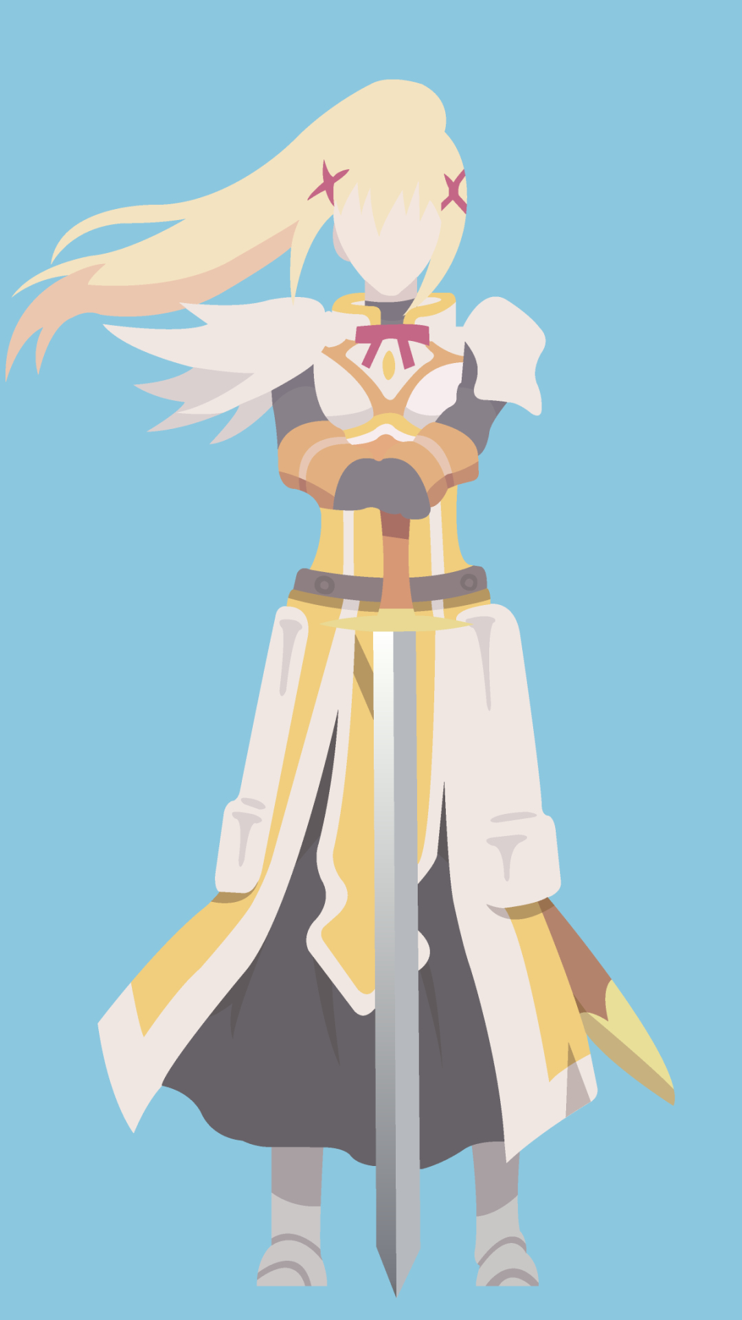 Phone wallpaper of Darkness from KonoSuba — God’s blessing on this wonderful world!! Armored knight standing with sword against a pale blue background.