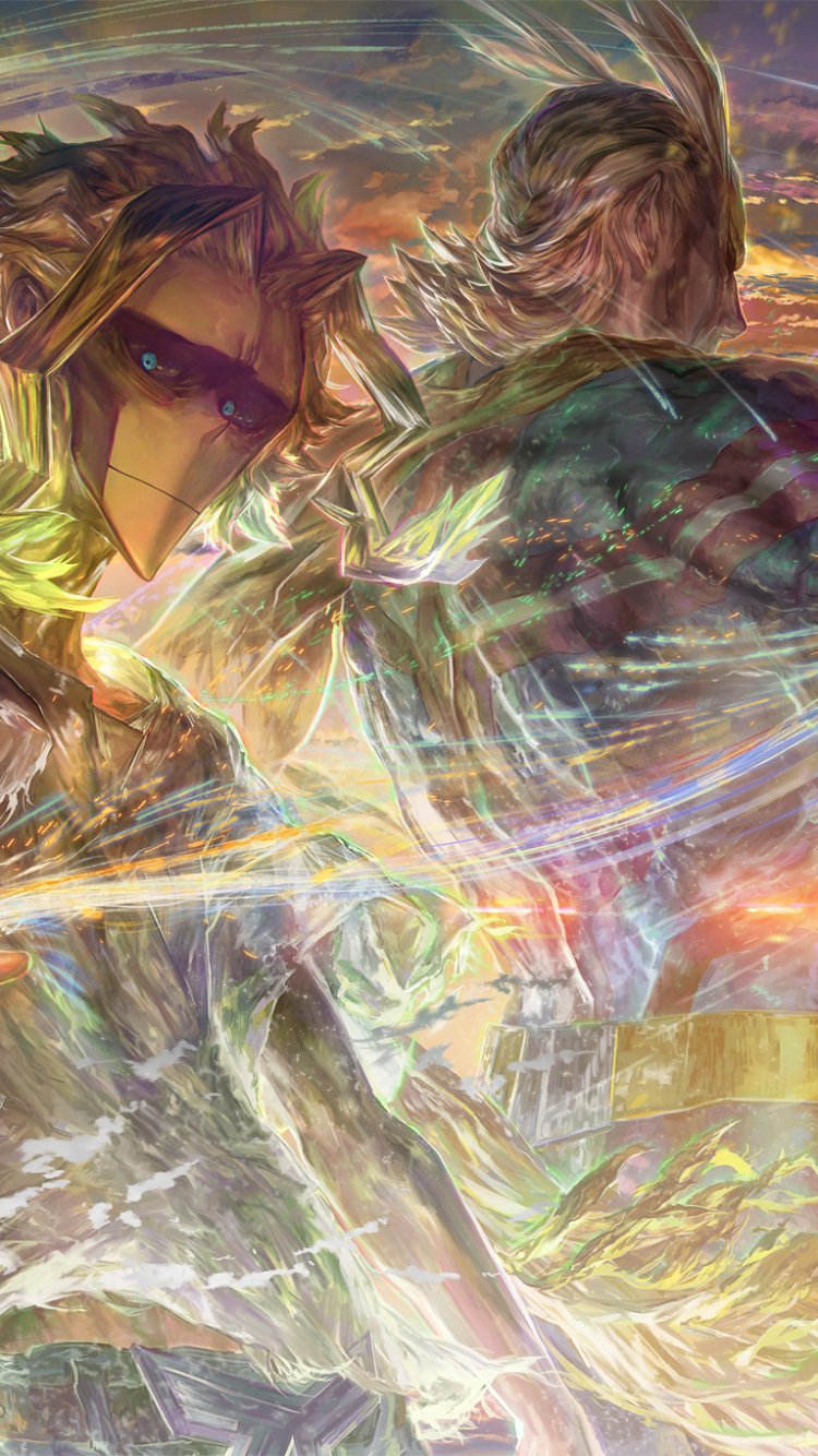 Phone wallpaper featuring Toshinori Yagi from the anime My Hero Academia with dynamic lighting and vibrant colors, compatible with iPhones and Android phones.