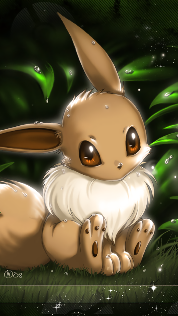 Anime-style Eevee from Pokémon with large brown eyes and glossy fur, set against a dark, glowing forest background, designed as a vibrant phone wallpaper.
