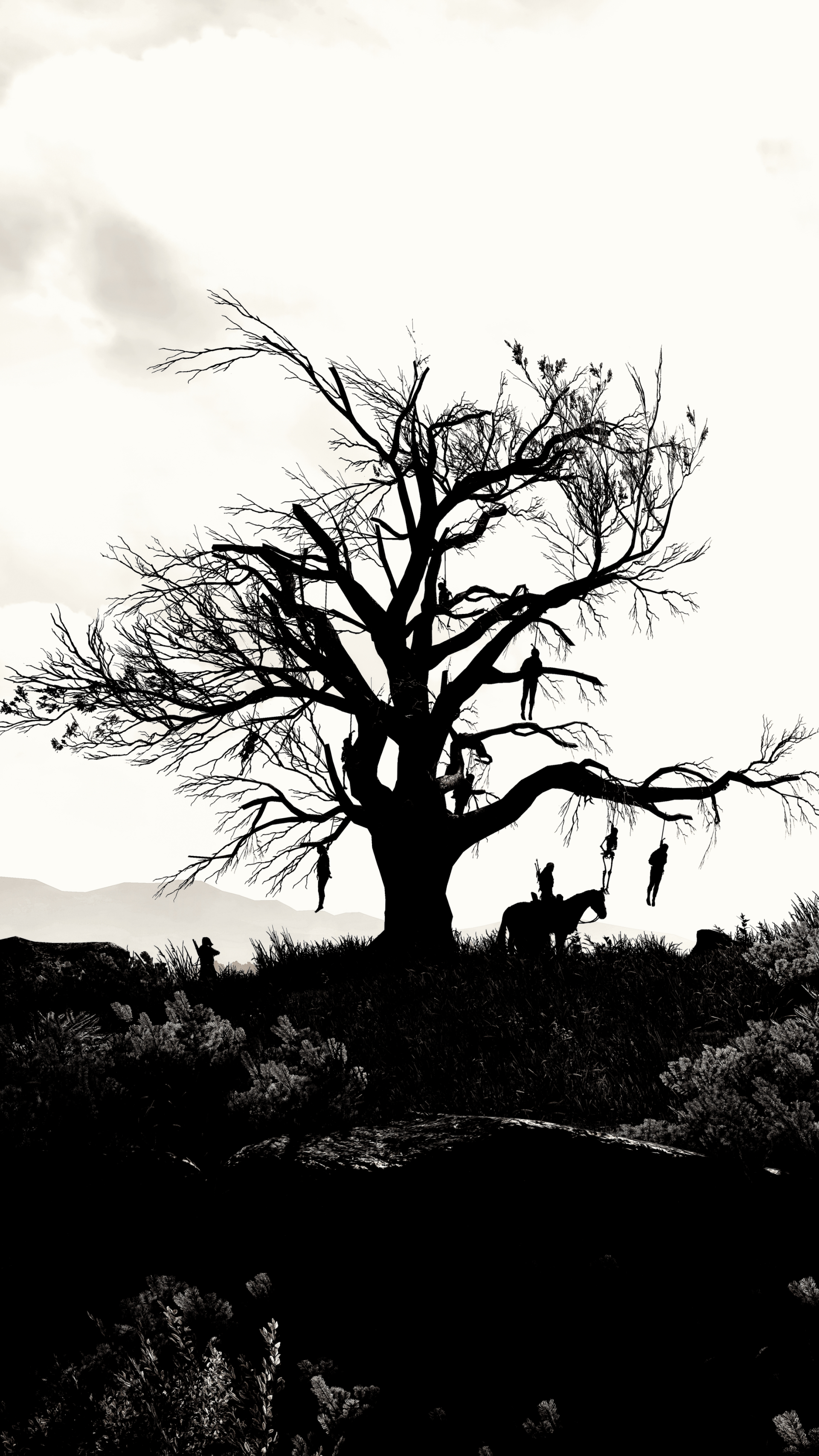 Phone wallpaper featuring a black-and-white silhouette of a gnarled tree and a rider on horseback from The Witcher 3: Wild Hunt, compatible with iPhones and Android phones.