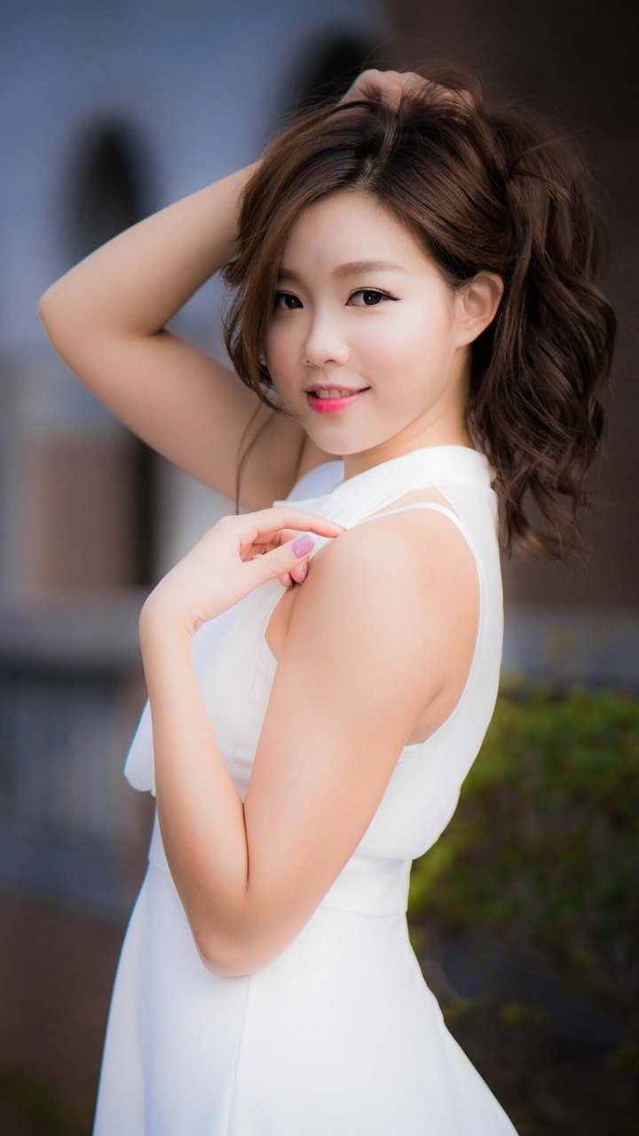 Download White Dress Smile Brunette Model Woman Asian Phone Wallpaper