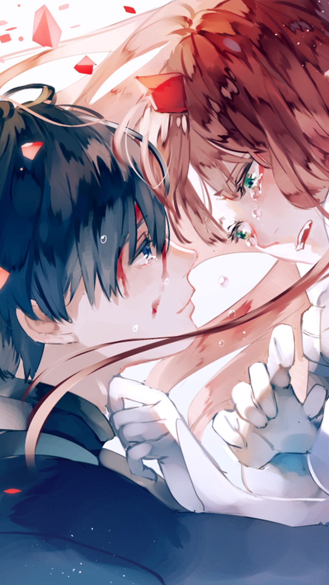 Phone wallpaper of Zero Two (Darling in the FranXX) and Hiro — anime close-up from Darling in the FranXX, hands entwined, tears and falling petals, for iPhone and Android phones.