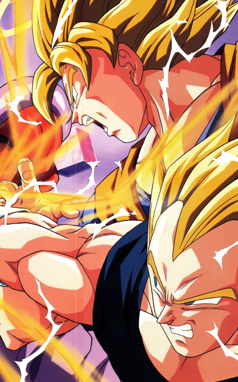 Anime Dragon Ball Z phone wallpaper showing Super Saiyan Goku and Vegeta in close-up, golden hair flaring and electricity crackling as they power up in a dramatic, high-energy clash.