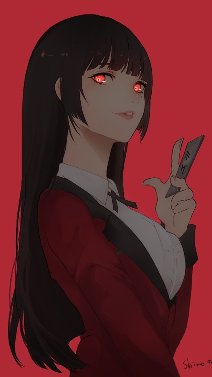 Phone wallpaper of Yumeko Jabami from Kakegurui — anime portrait on a red background: long black hair, glowing red eyes, red school blazer, holding playing cards with a sly smile.