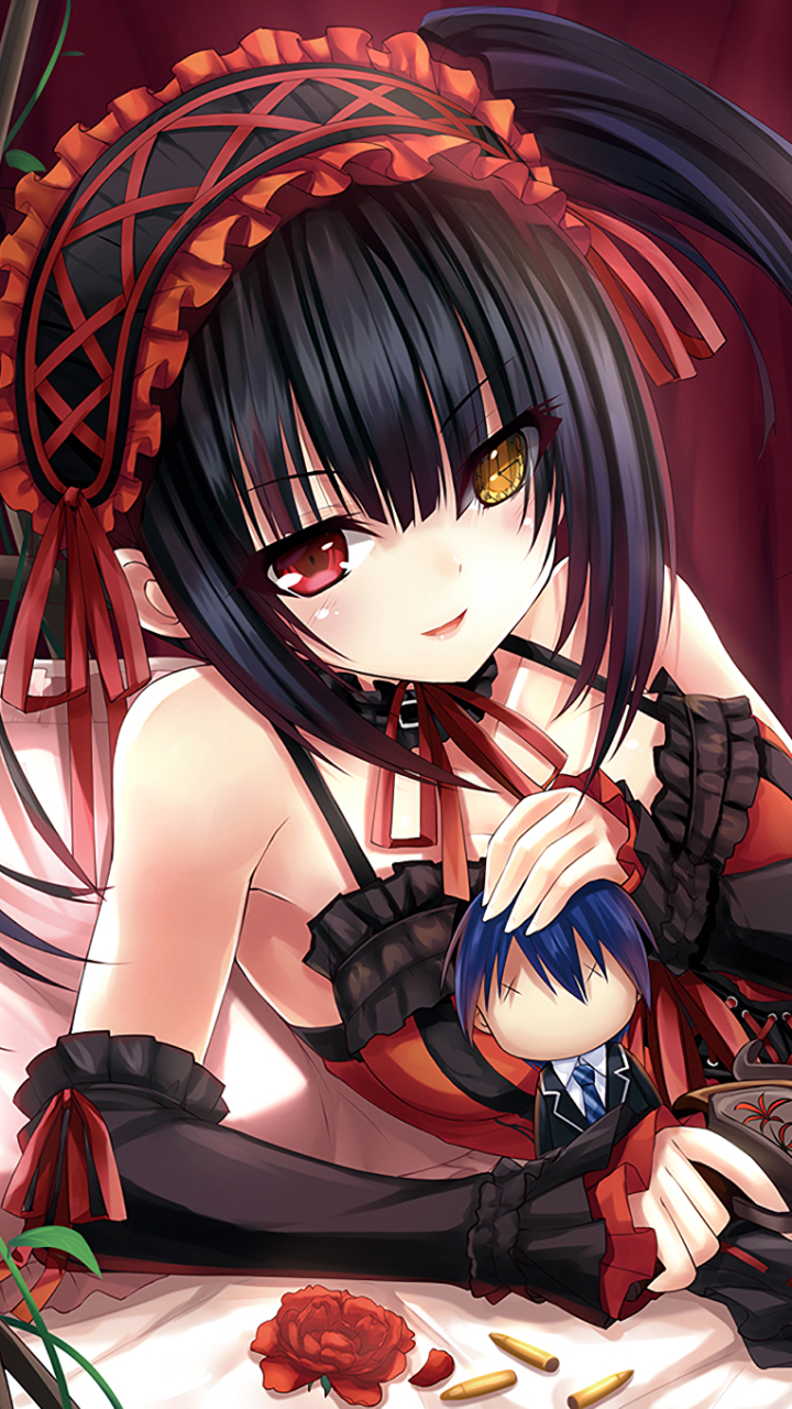 Kurumi Tokisaki from Date A Live in detailed gothic attire, featured in a vibrant anime-style phone wallpaper compatible with iPhone and Android devices.