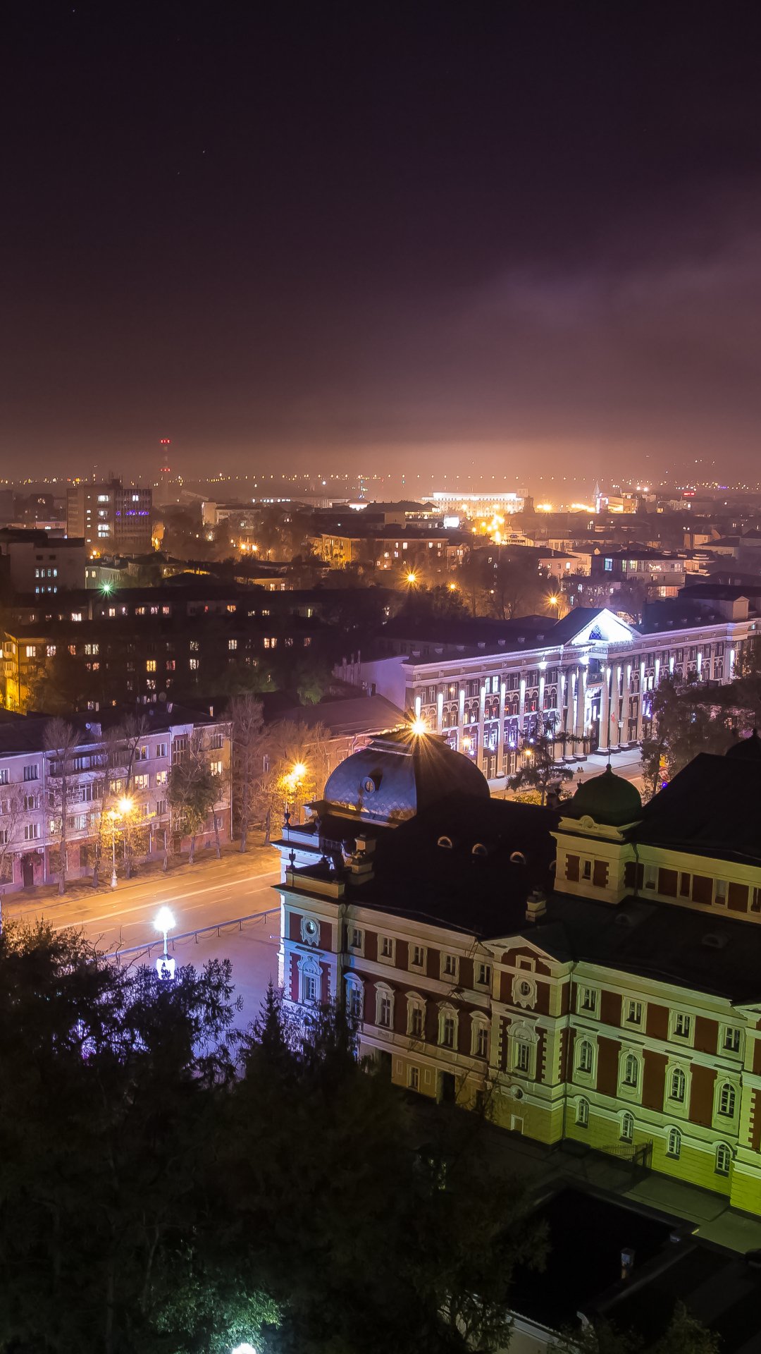 Download Panorama Street Architecture Light Night Sky City Russia Man Made Irkutsk Phone Wallpaper