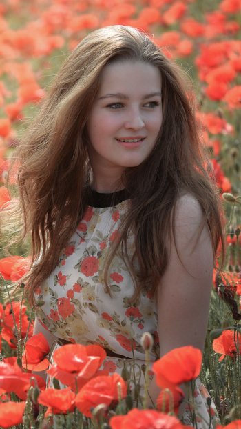 field poppy red flower summer brunette dress woman model Phone Wallpaper