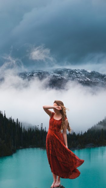 blue cloud lake mountain red dress woman mood Phone Wallpaper