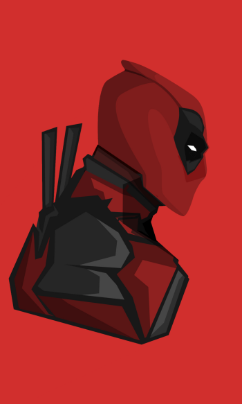 Comic-style geometric bust of Deadpool in red and black against a solid red background, rendered as a vertical phone wallpaper.