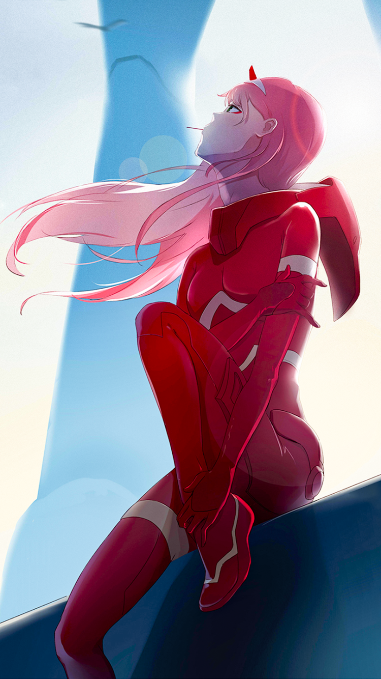 Phone wallpaper featuring Zero Two from Darling in the FranXX anime, with her pink hair flowing and red pilot suit glowing against a bright sky backdrop.