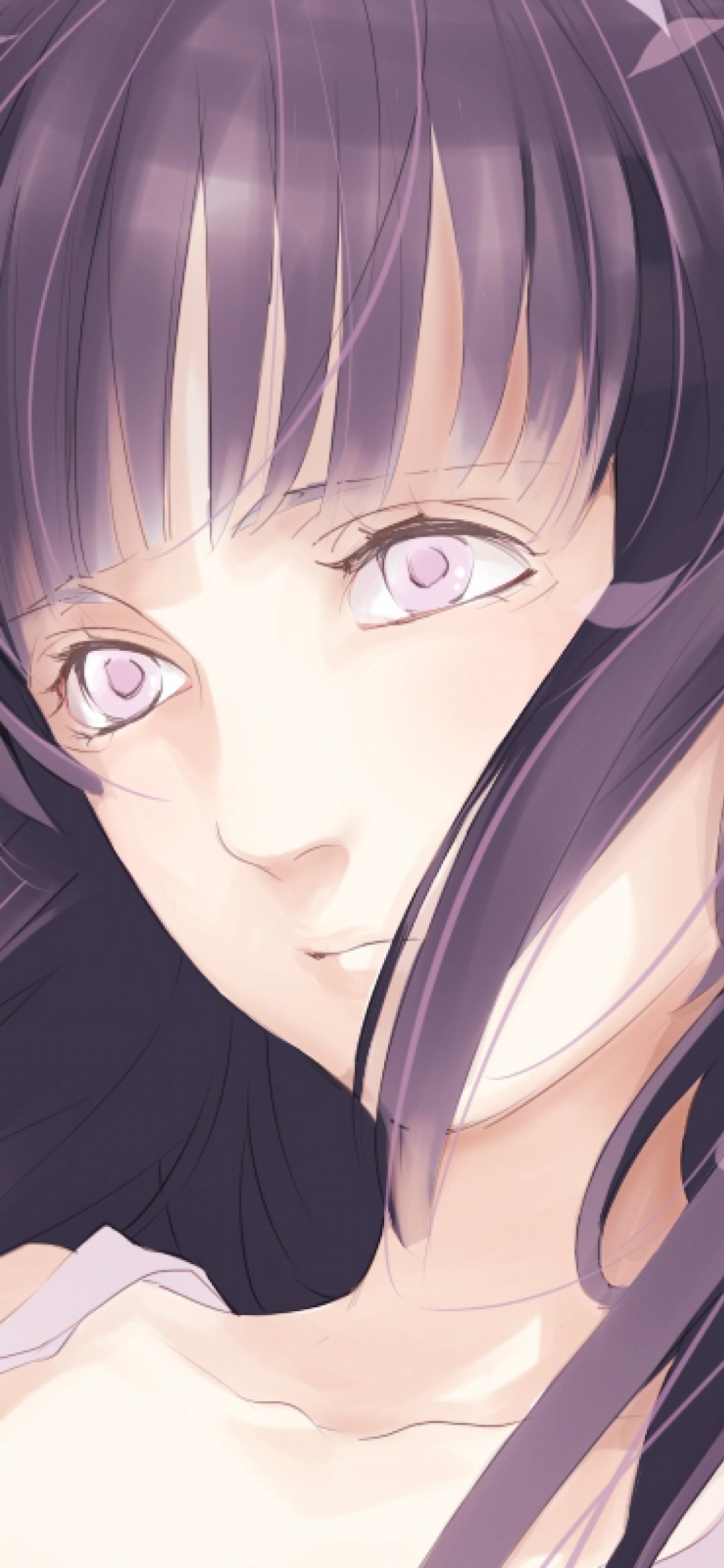 Phone wallpaper of Hinata Hyuga (Naruto): soft pastel anime portrait, lavender Byakugan eyes, long dark hair and gentle, serene expression.