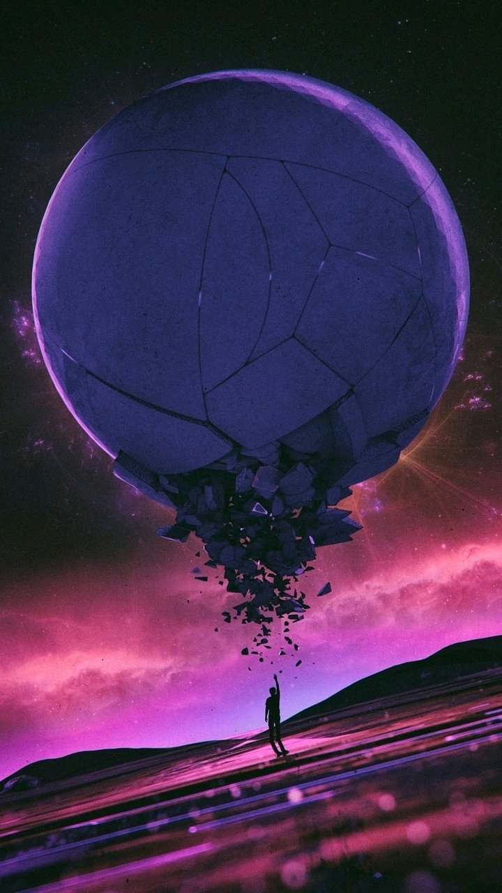 Sci-fi phone wallpaper: a lone figure watches a cracked, floating purple planet shedding fragments above a neon pink and black alien landscape.