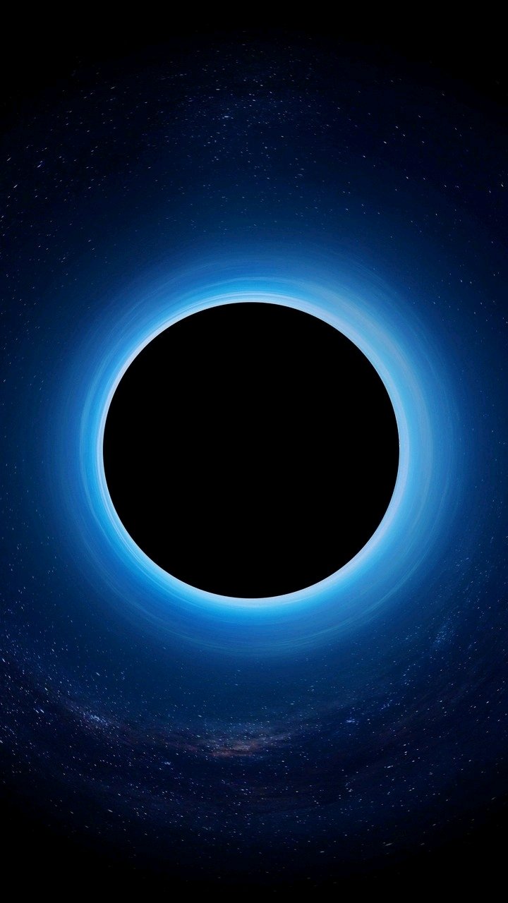 Phone wallpaper of a sci-fi space scene: a deep black hole surrounded by a glowing blue accretion ring and faint starfield.