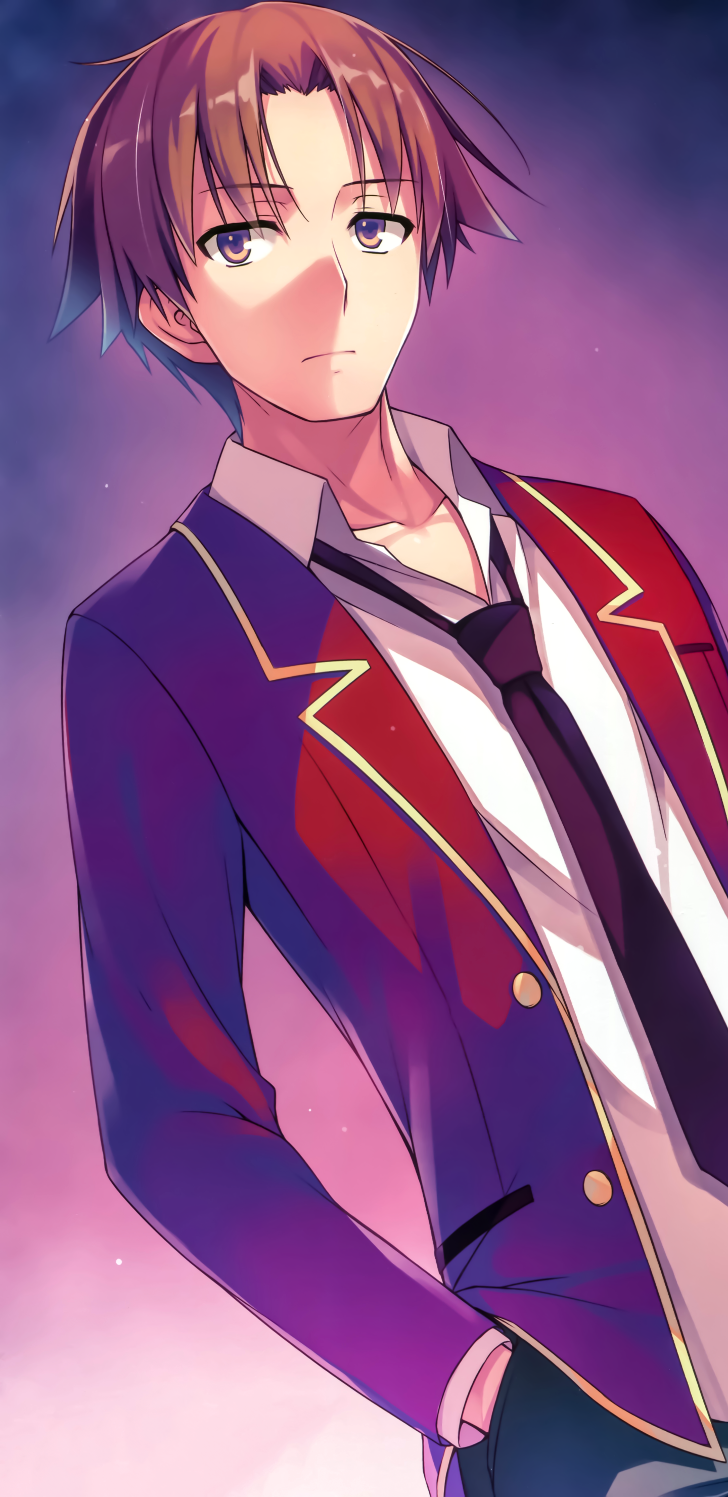 Phone wallpaper featuring Kiyotaka Ayanokōji from the anime Classroom of the Elite, with vibrant colors and a school uniform background for iPhone and Android displays.