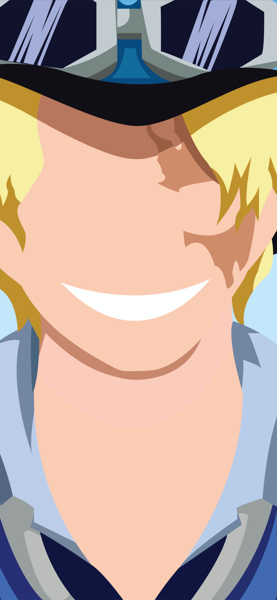 Anime phone wallpaper of Sabo (One Piece): stylized close-up with a smiling face, goggles-topped top hat, blond hair and scarf rendered in bold flat colors.