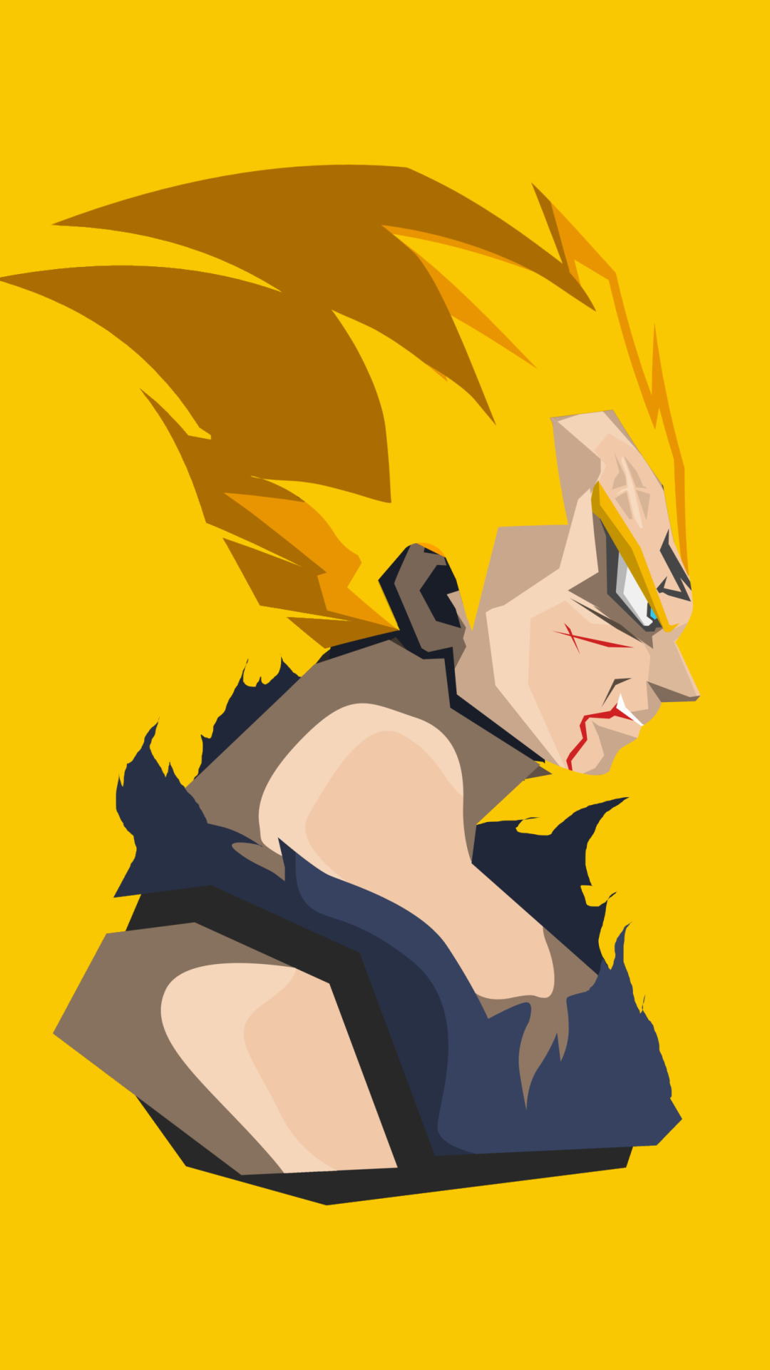 Phone wallpaper of Super Saiyan Vegeta from Dragon Ball Z Kai — anime-style profile with spiked golden hair, torn blue armor and a bright yellow background.