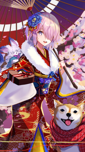 cherry blossom blue eyes dog blush smile pink hair short hair Fou (Fate/Grand Order) Mashu Kyrielight Shielder (Fate/Grand Order) Anime Fate/Grand Order Phone Wallpaper