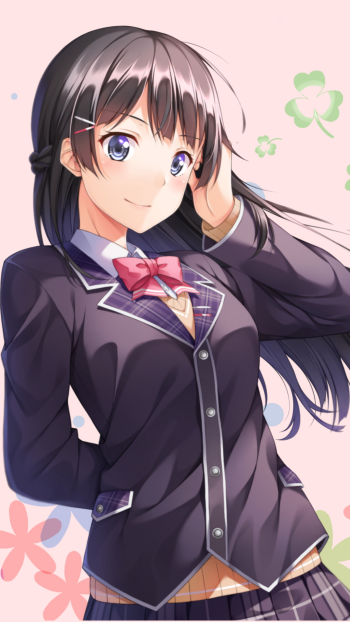 Phone wallpaper of anime Virtual YouTuber Tsukino Mito: black-haired schoolgirl in a navy uniform with pink bow, smiling and tucking her hair against a pastel floral background.