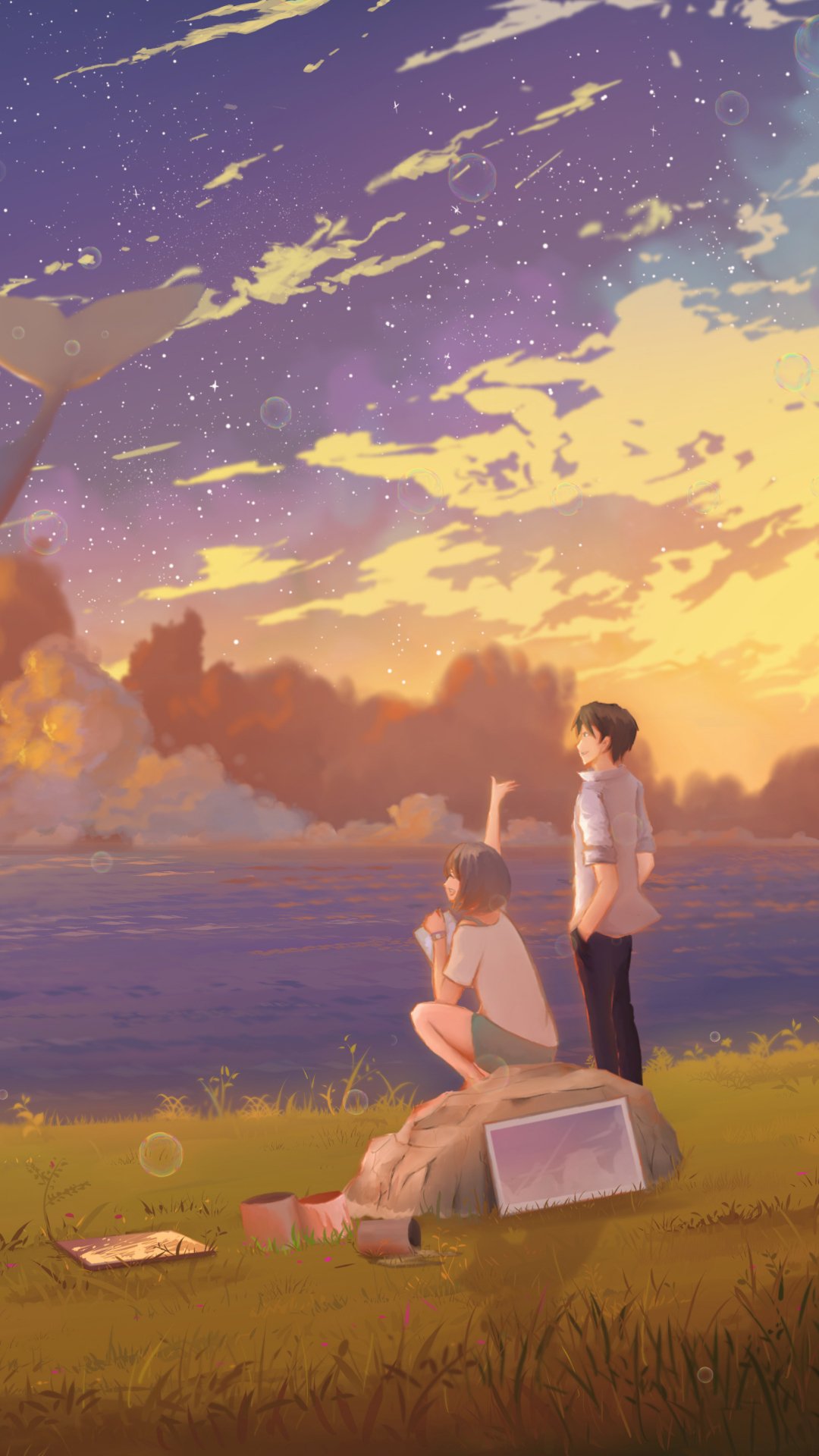 Anime-style original phone wallpaper showing two characters by a lakeside at sunset under a sky filled with clouds and shooting stars, designed for iPhone and Android screens.