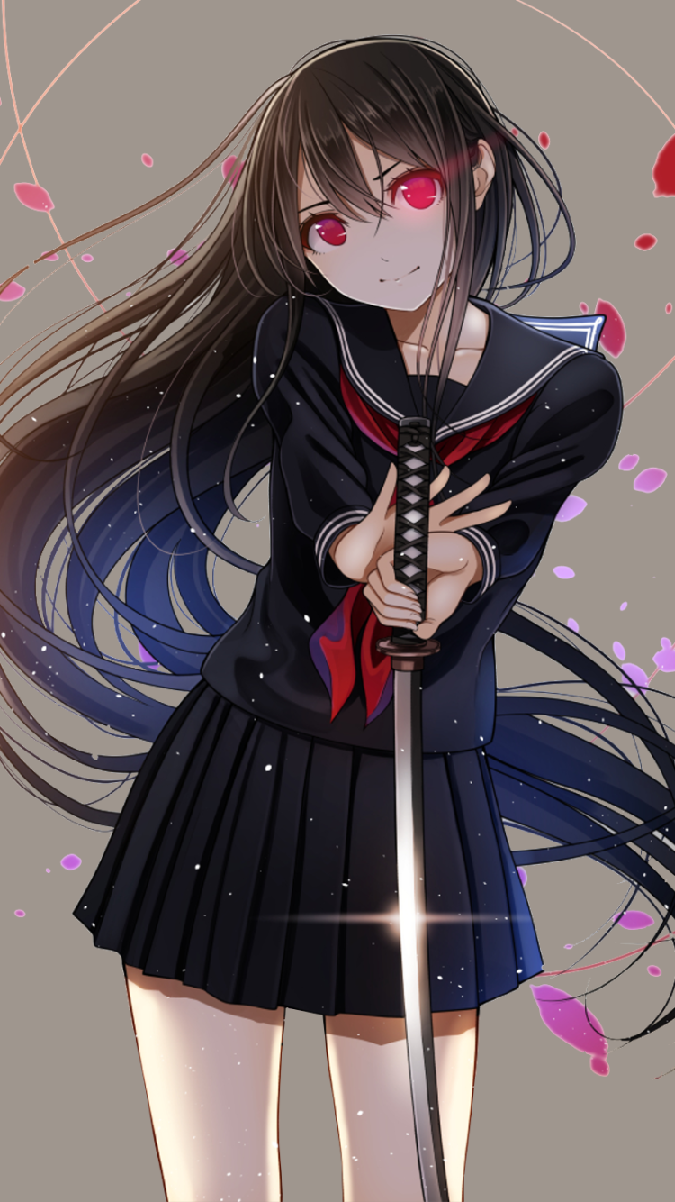 Original anime phone wallpaper: black-haired schoolgirl in a sailor uniform grips a katana, crimson eyes and flowing hair with falling petals.