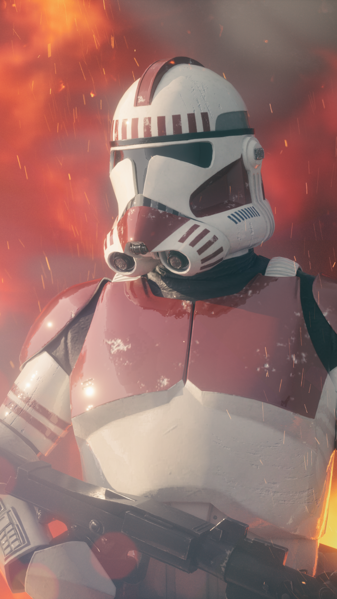 Phone wallpaper portrait of a red-and-white Shock Trooper clone from Star Wars, gripping a blaster amid sparks, smoke, and fiery sci-fi battlefield light.