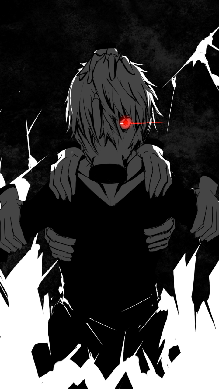 Phone wallpaper featuring Tomura Shigaraki from My Hero Academia in dark tones with a striking red eye, designed for iPhone and Android screens.