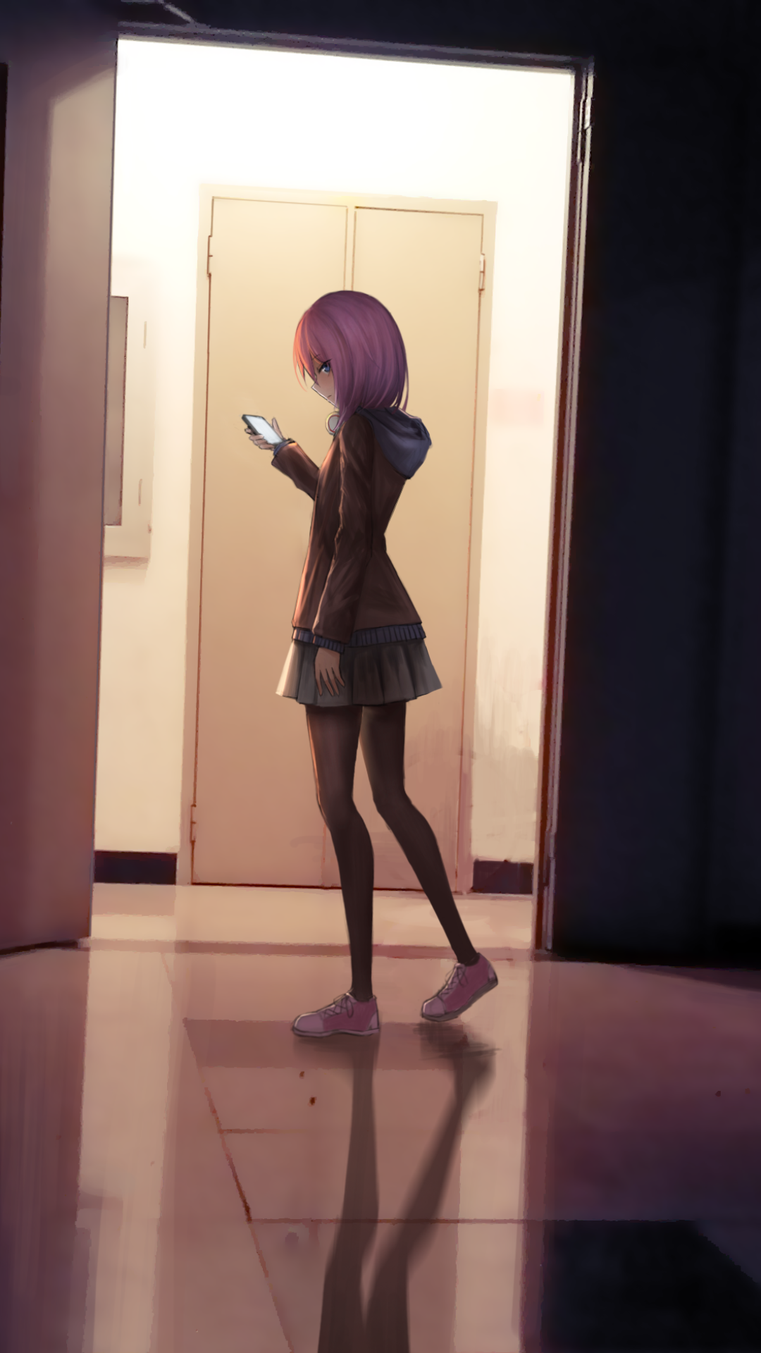 Matsuri Mizusawa (Citrus anime) stands in a dim hallway doorway, purple hair and school uniform, looking at her phone; warm light and floor reflection — phone wallpaper.