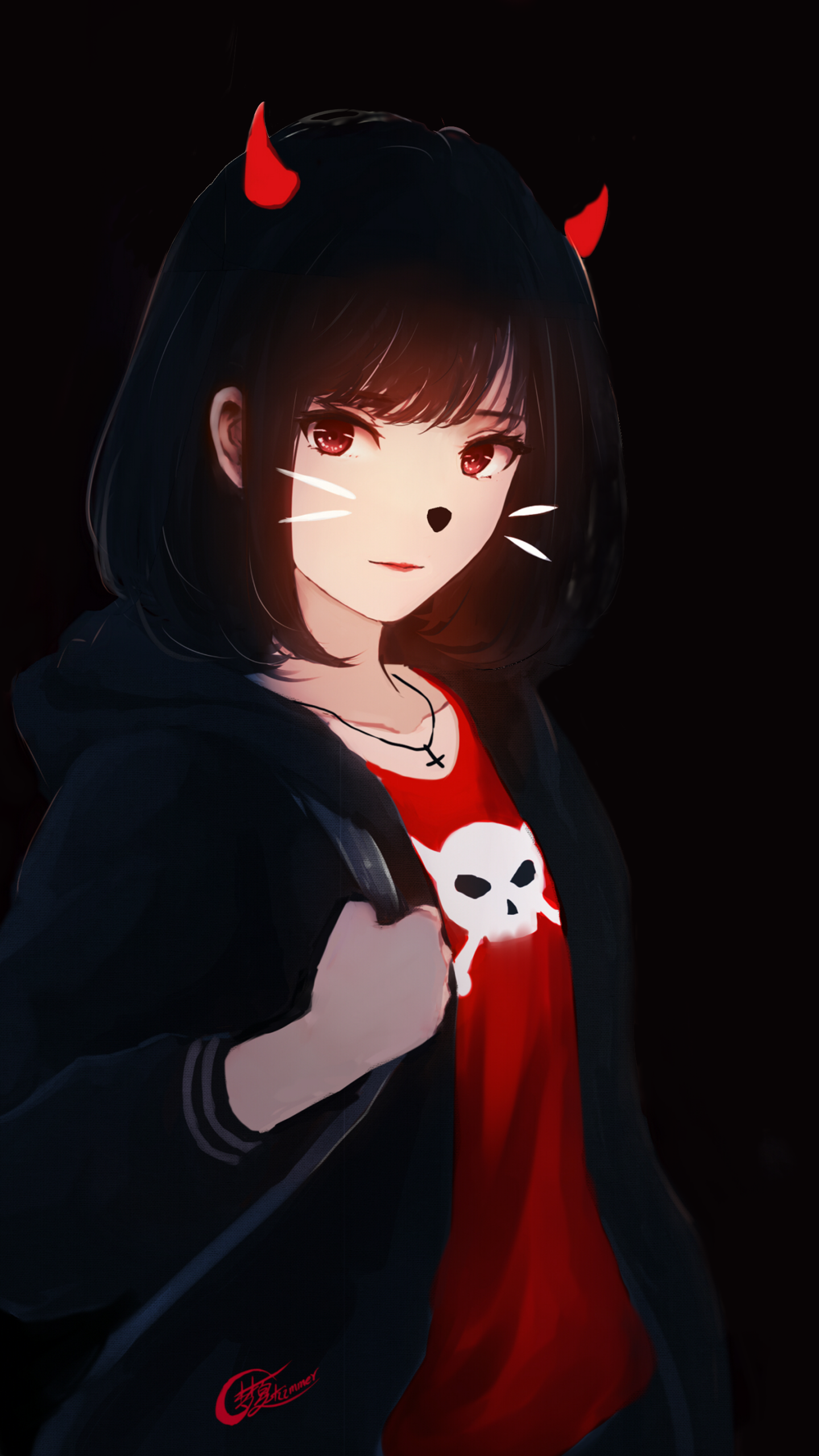 Phone wallpaper of an anime girl with black hair, small red horns, red eyes and white whisker-like face markings, wearing a red skull shirt and dark jacket while holding a backpack strap.