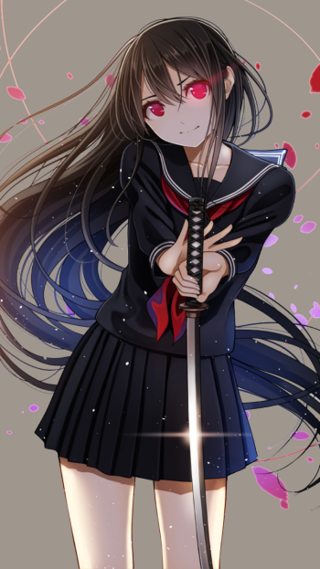 Original anime phone wallpaper: black-haired schoolgirl in a sailor uniform grips a katana, crimson eyes and flowing hair with falling petals.