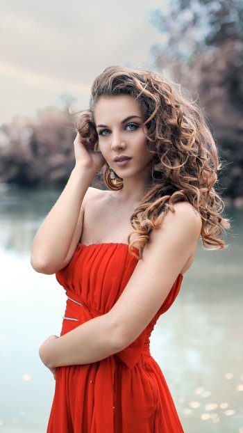 blue eyes brunette depth of field red dress woman model Phone Wallpaper
