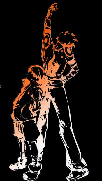 Phone wallpaper — Tengen Toppa Gurren Lagann anime: orange line-art of Kamina and Simon back-to-back, Kamina’s fist raised against a black background.