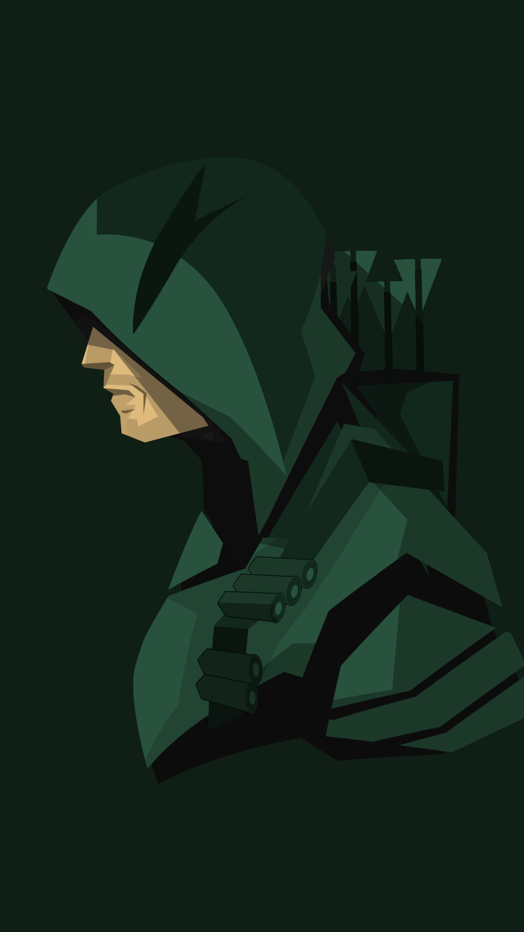 Stylized comic Green Arrow profile in a dark green hood, quiver and arrows visible, minimalist phone wallpaper.