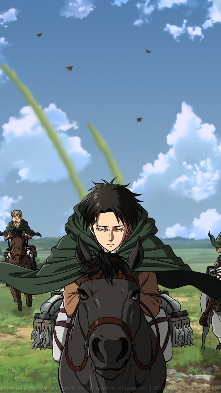 Phone wallpaper showing Levi Ackerman (Attack on Titan) leading scouts on horseback across a grassy plain beneath a bright blue sky with scattered clouds.