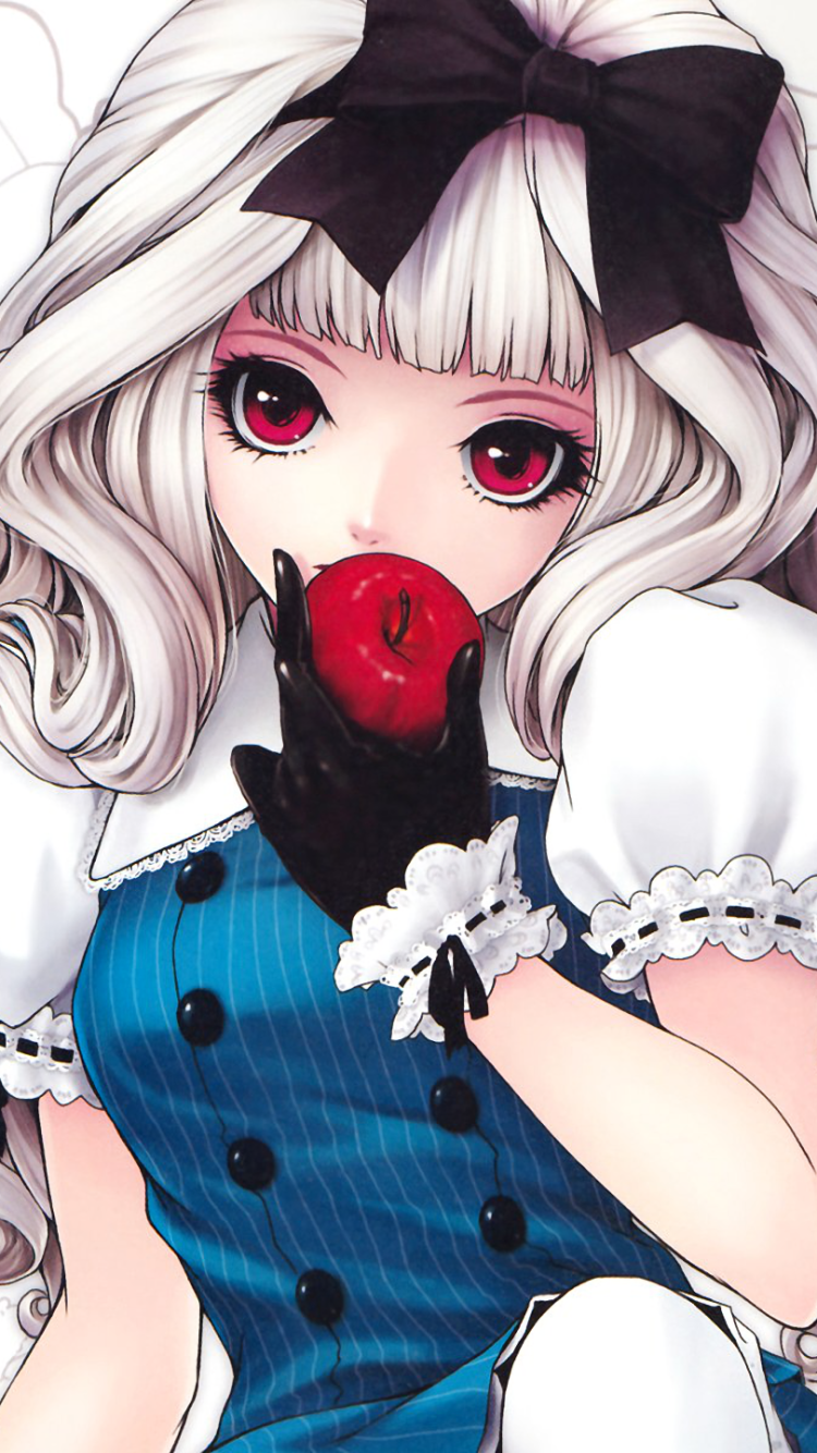 Phone wallpaper of an anime girl with white hair and a large black bow, red eyes, a blue dress, and lace-trimmed gloves, holding a shiny red apple to her lips.
