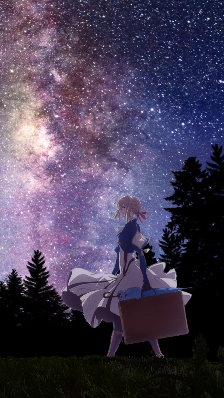 Anime wallpaper of Violet Evergarden with blonde hair and blue eyes holding a suitcase and umbrella under a starry night sky, framed by dark trees.