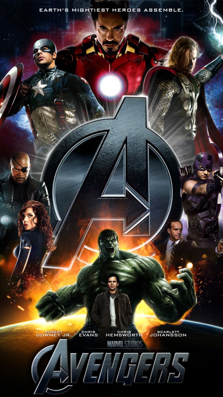 Avengers movie poster phone wallpaper: vertical team collage with large logo and glowing cosmic background, formatted for iPhone and Android.