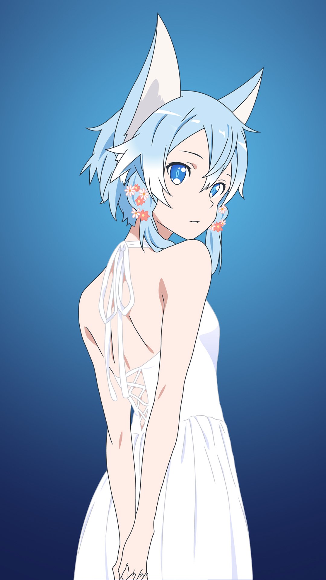 Phone wallpaper of Shino Asada (Sinon) from Sword Art Online II: wearing a white backless dress, glancing over her shoulder with cat-ear hair accessories against a blue gradient background.