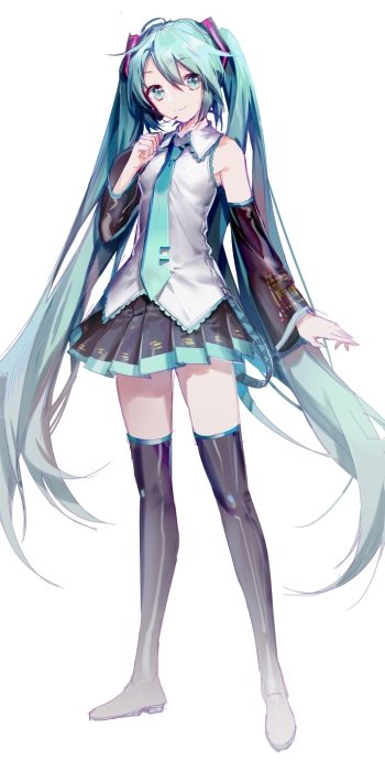 Anime-style illustration of Hatsune Miku, the Vocaloid character, with long teal twin-tails and a futuristic outfit, designed as a phone wallpaper for iPhones and Android devices.